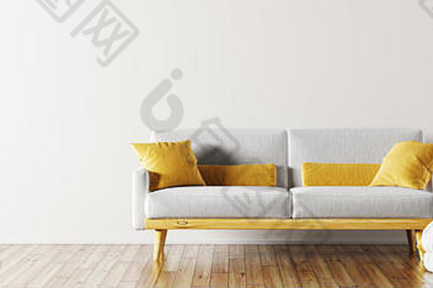 现代室内生活房间灰色沙发奥斯曼帝国花瓶分支呈现