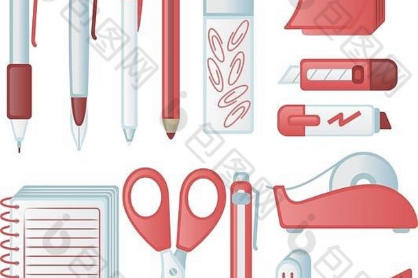友好的办公用品图标，包括钢笔、铅笔、夹子、便笺、卷笔刀、切割器、切割器、记号笔、透明胶带、透明胶带、橡胶、方形套装、剪刀