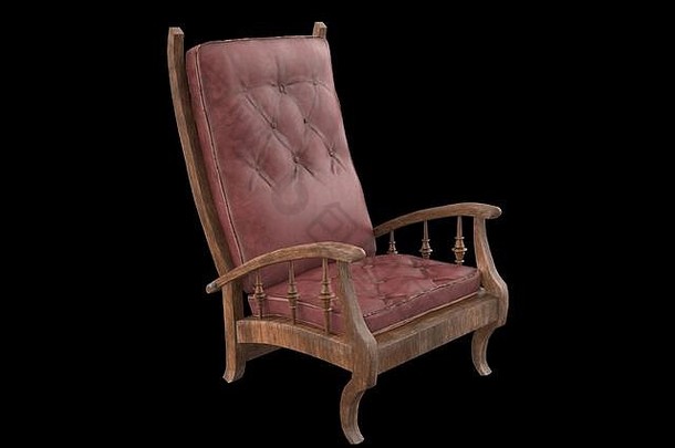 独立舒适的皮革木沙发椅设计立体背景装饰古董舒适家具3D插图