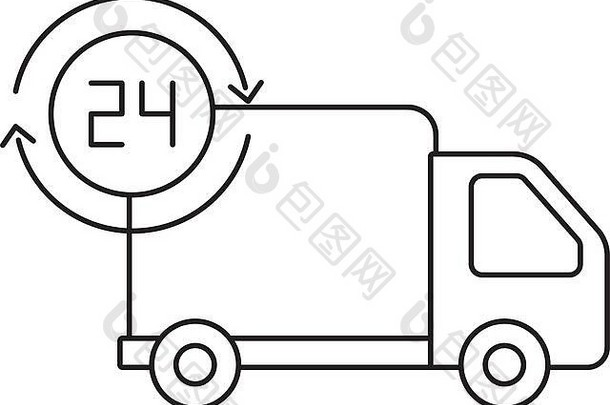 具有24小时服务标志的货运卡车，线型IConverter插图设计