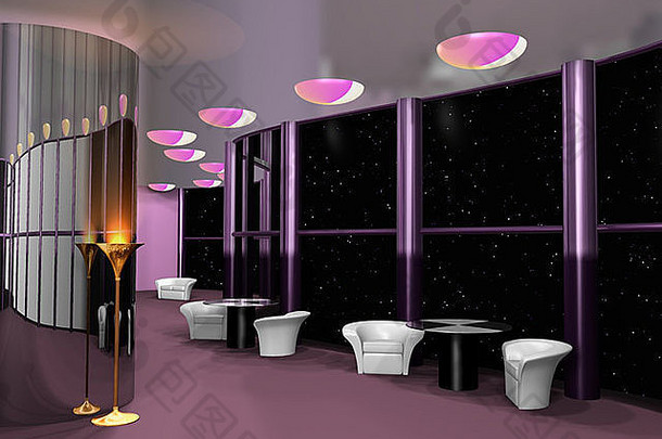 现代宇宙咖啡馆内部，3d渲染