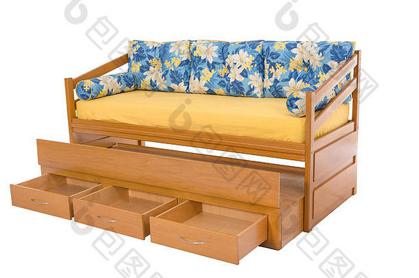 黄木三座舒适沙发床，白色背景，独立
