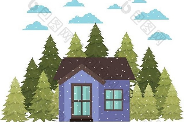 房子松树雪孤立的图标