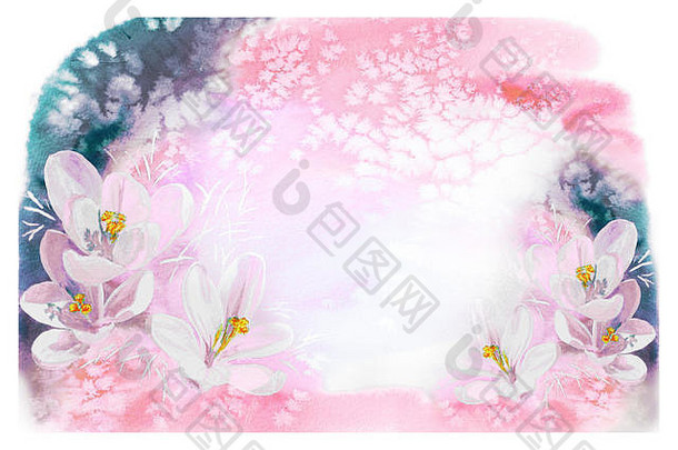唤醒自然水彩画艺术，春天插画，开花的雪花莲，浅粉色