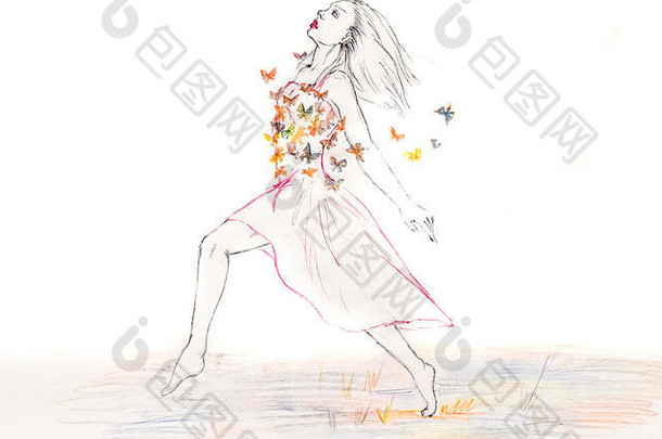 一个穿着裙子的女人穿过一片飞舞的田野。铅笔画。
