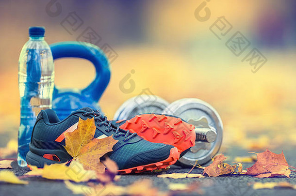 一双蓝色运动鞋、水和哑铃放在枫叶树下秋天小巷的小路上——<strong>跑步</strong>锻炼或锻炼活动的配件