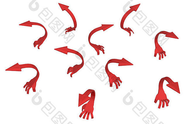 红色箭头短爬行臂符号组，3d插图，水平，隔离，白色上方