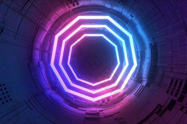 科幻门入口霓虹灯发光球体圆形渐变紫蓝色复古外星人飞船反射主板纹理芯片空背景Spaceshi