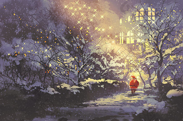 圣诞老人老人雪冬天小巷公园圣诞节灯树插图绘画