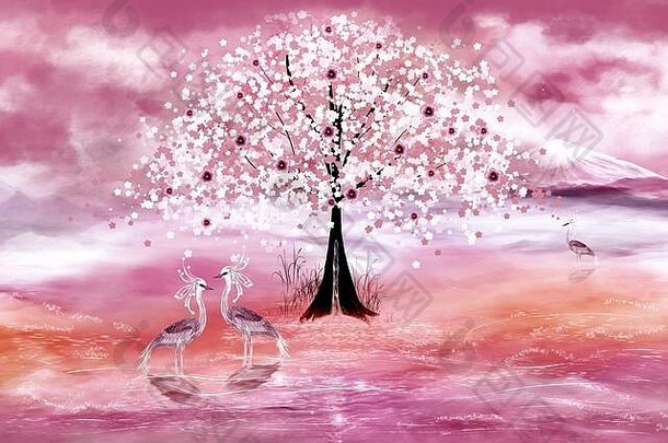 粉红色池塘里的三只苍鹭。盛开的树，粉红色的花，粉红色的天空——春天盛开的颜色。插图