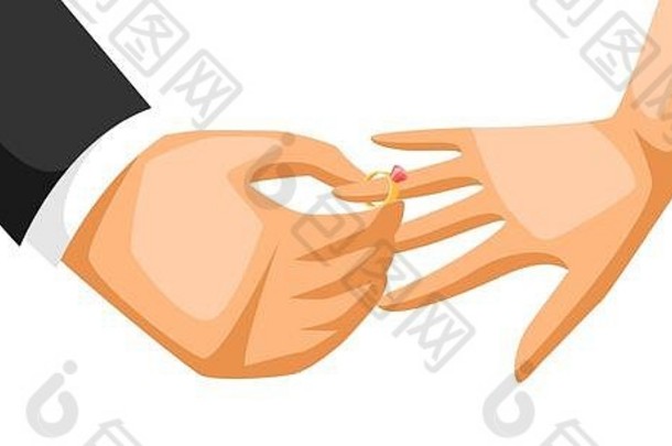 男人把结婚戒指戴在女孩的手指上。