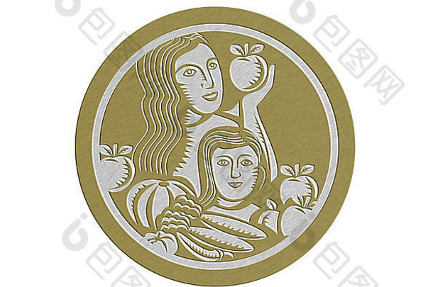 金属风格的插图，一个女人和孩子拿着苹果，水果和蔬菜放在一个圆圈内，以复古风格完成。