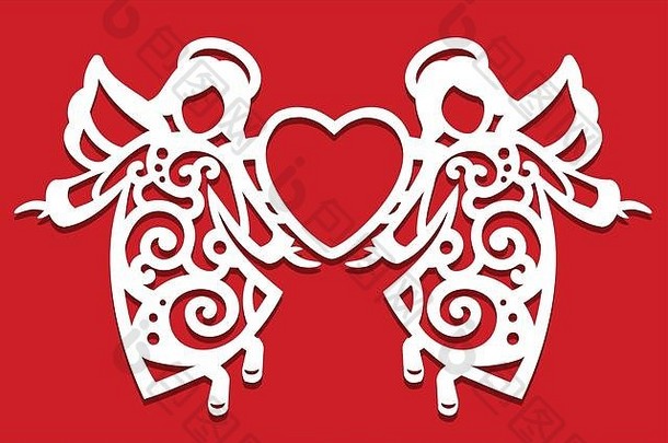 白色的圣诞节在红色的背景上飞行两个天使。天使把心掌握在手中。天使的轮廓可用于卡片、激光。切割，绘图仪切割。