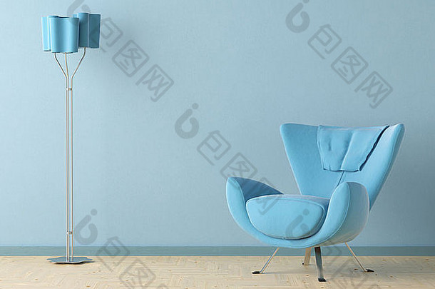室内设计场景，现代蓝色沙发和蓝色墙上的灯