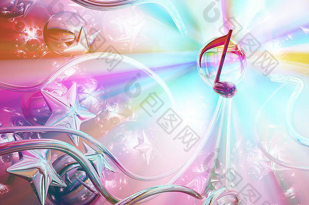彩色音乐抽象星光3d插图，水平背景