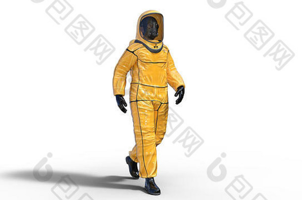 男人。穿生物危害保护装人类气体面具穿着有害物质西装有毒化学物质保护呈现