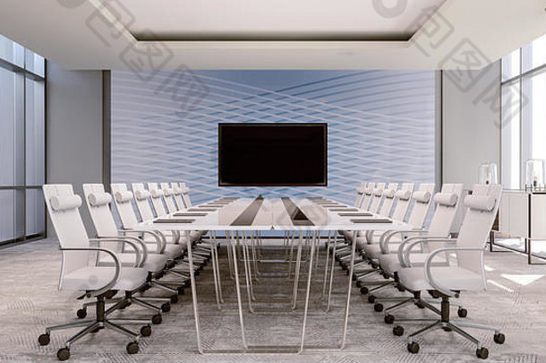 清洁会议室，带强调墙的会议，3d渲染