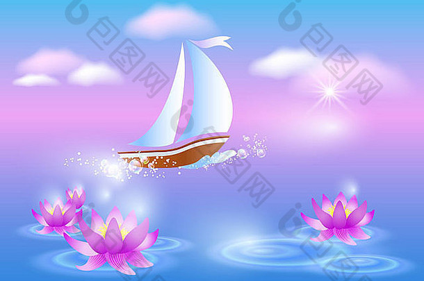 帆船和紫罗兰在粉红色的黎明下