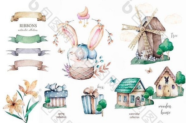 木房子兔子可爱的手画水彩插图复活节集合孤立的白色背景