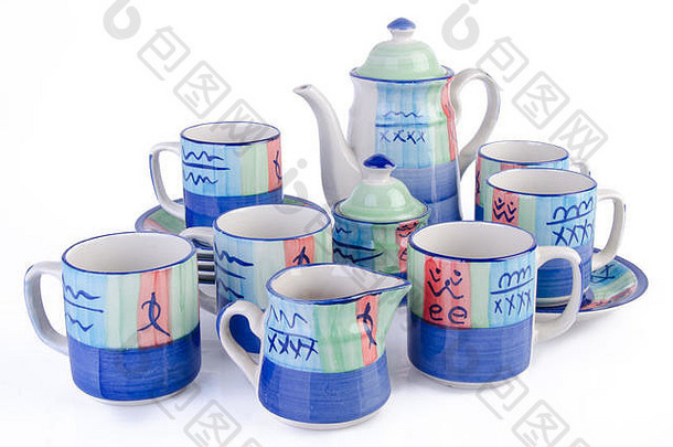 白底茶壶套装、瓷茶壶、茶杯