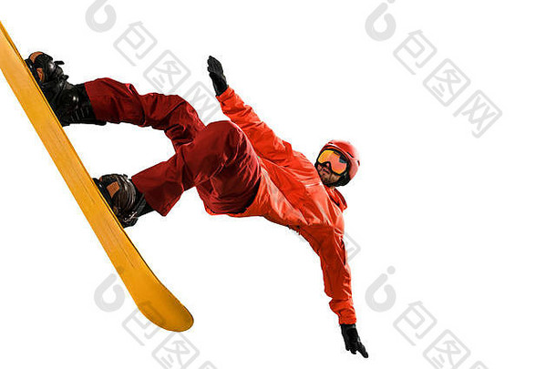 肖像年轻的男人。运动服装滑雪板孤立的白色工作室背景冬天体育运动滑雪滑雪活动极端的概念
