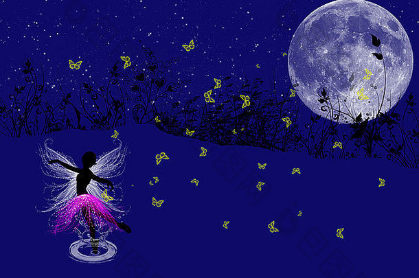 夜晚的童话芭蕾舞，在月光下翩翩起舞，黄色的蝴蝶在周围飞舞