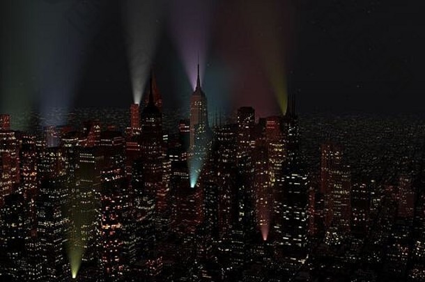现代城市夜色灯光效果3D插图。概念到任何一个现代化的大城市都有着鲜明的除夕气氛。