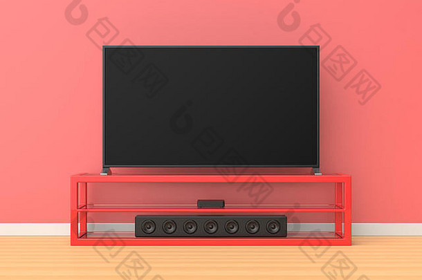 在一个有红墙和木地板的房间里，红色金属和玻璃支架上的3d渲染宽屏电视，其下方有一个声音条。