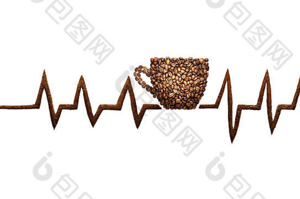 一个咖啡杯的创意静物照片和白色咖啡豆的脉冲线。