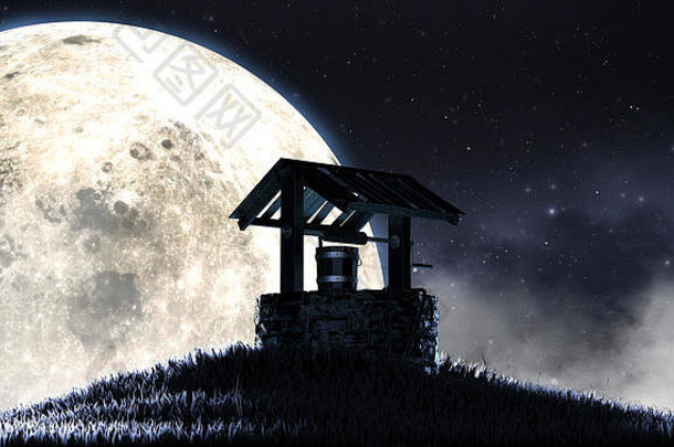 概念图像显示祝长满草的山晚上前面完整的月亮布满星星的晚上背景渲染