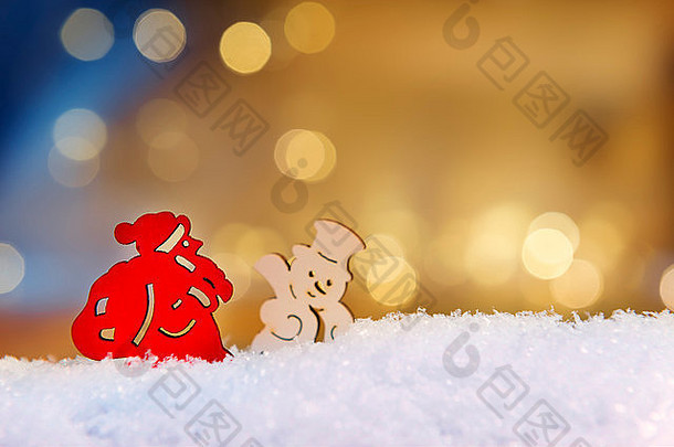 图像圣诞老人老人雪人人工雪散景灯背景免费的空间