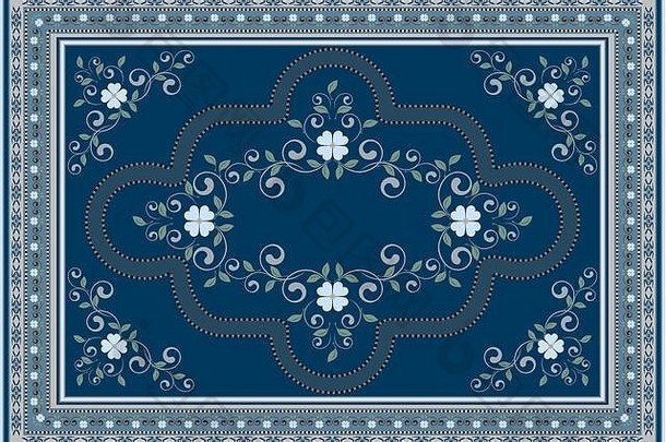 豪华民族地毯，带有蓝色和绿调的东方花卉装饰