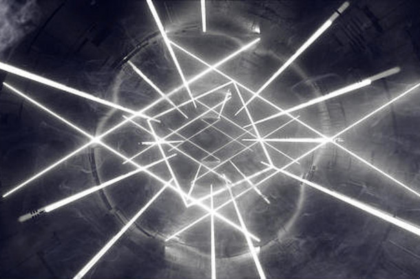 烟霓虹灯发光的发光的sci未来主义的灯白色行荧光现代虚拟现实隧道走廊黑暗房间大厅外星人宇宙飞船裁判