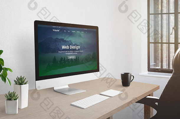 网页设计工作室办公室概念。电脑显示器，桌面上有网络演示文稿。键盘，一杯咖啡，旁边的植物。