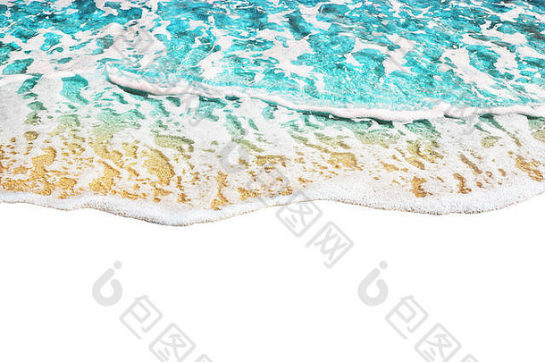白色背景上的蓝色海浪潮汐图案孤立特写俯视图，绿松石色海水冲浪纹理，夏季假期边框，空间