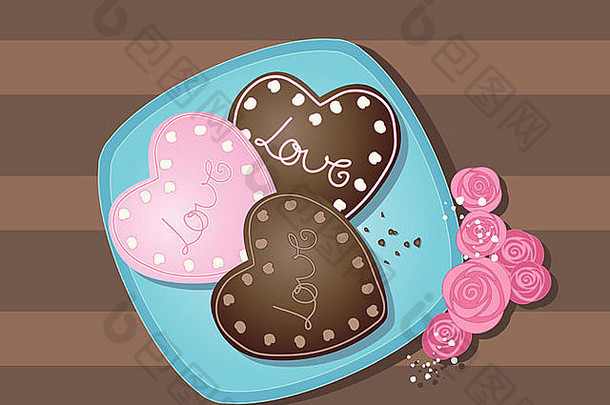 插图美味的爱心饼干装饰蓝色的板面包屑粉红色的玫瑰诗句