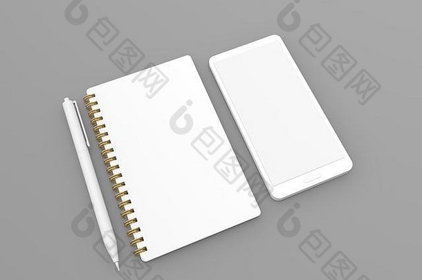 空白白色笔记本笔移动电话灰色的背景渲染插图