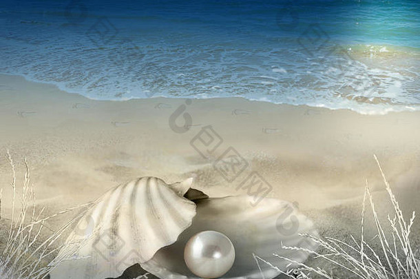 抽象插图照片合成背景与贝壳，珍珠，海滩，脚印，海水和月光