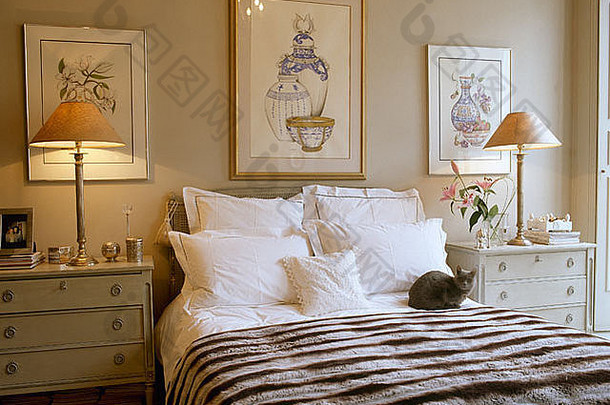 猫坐着床上白色枕头人造皮毛扔卧室基斯床边灯橱柜一边床上