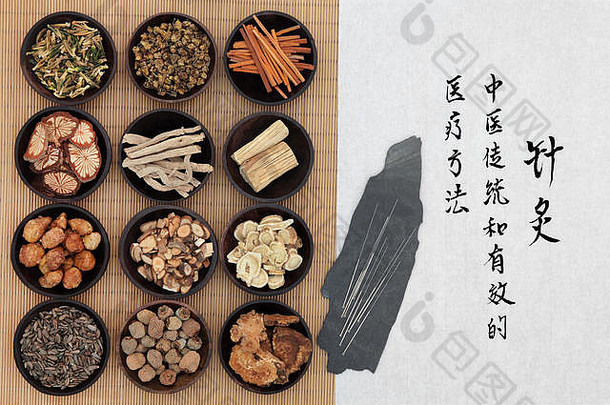 中国人Herbal医学针灸针书法脚本