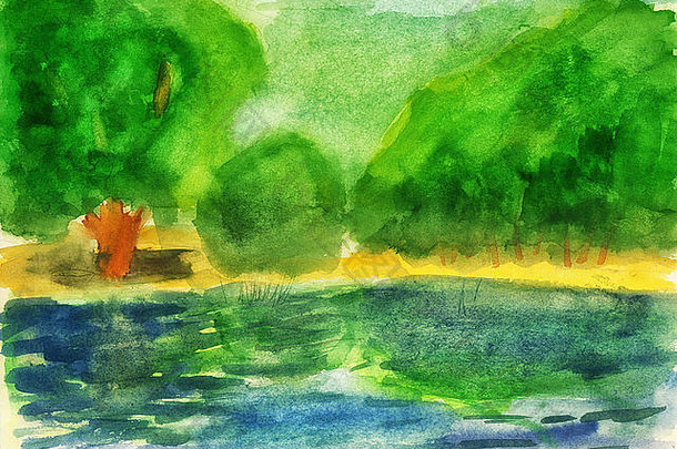 水彩绿色森林湖背景