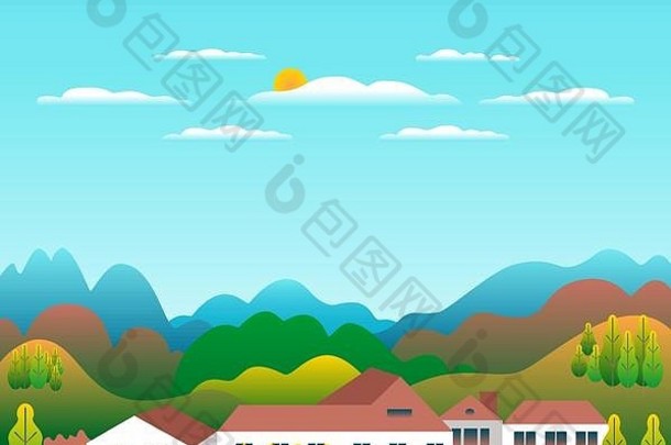 山山景观房子农场平风格设计森林谷插图美丽的绿色字段草地树蓝色的天空