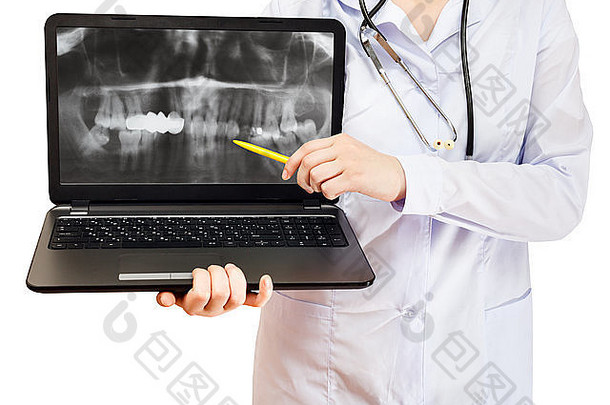 护士点电脑移动PCx射线图片人类下巴屏幕孤立的白色背景