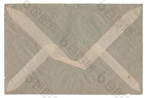 1947年的一个旧的灰色信封，边上有胶带。这是显示所有细节的高分辨率扫描。