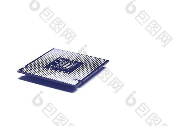 中央器单元CPU芯片，蓝色单色，白色背景，带拷贝空间