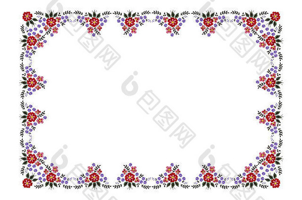 模式框架刺绣桌布花束红色的紫色的花叶子白色背景