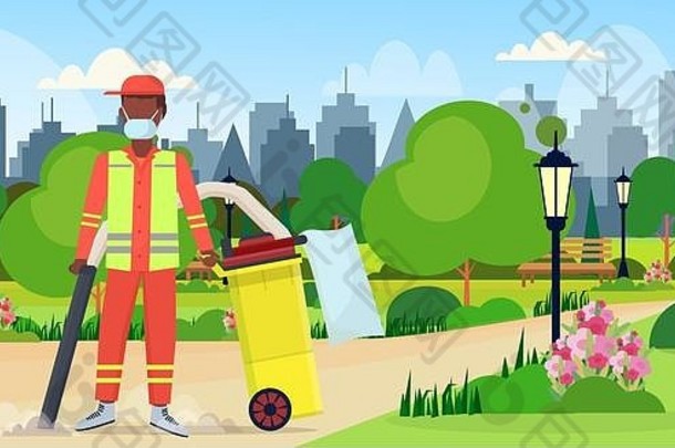 男街道清洁工手持专业吸尘器非裔美国人男子吸尘垃圾清洁服务概念城市公园城市景观