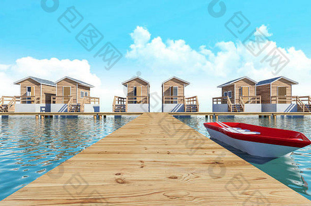 水上现代平房度假酒店，带船度假，3D渲染