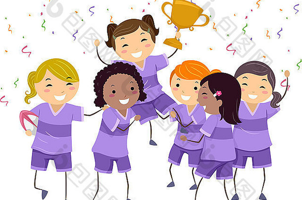 插图展示了一群女孩庆祝她们的冠军