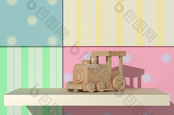 彩色背景上木制火车的三维渲染